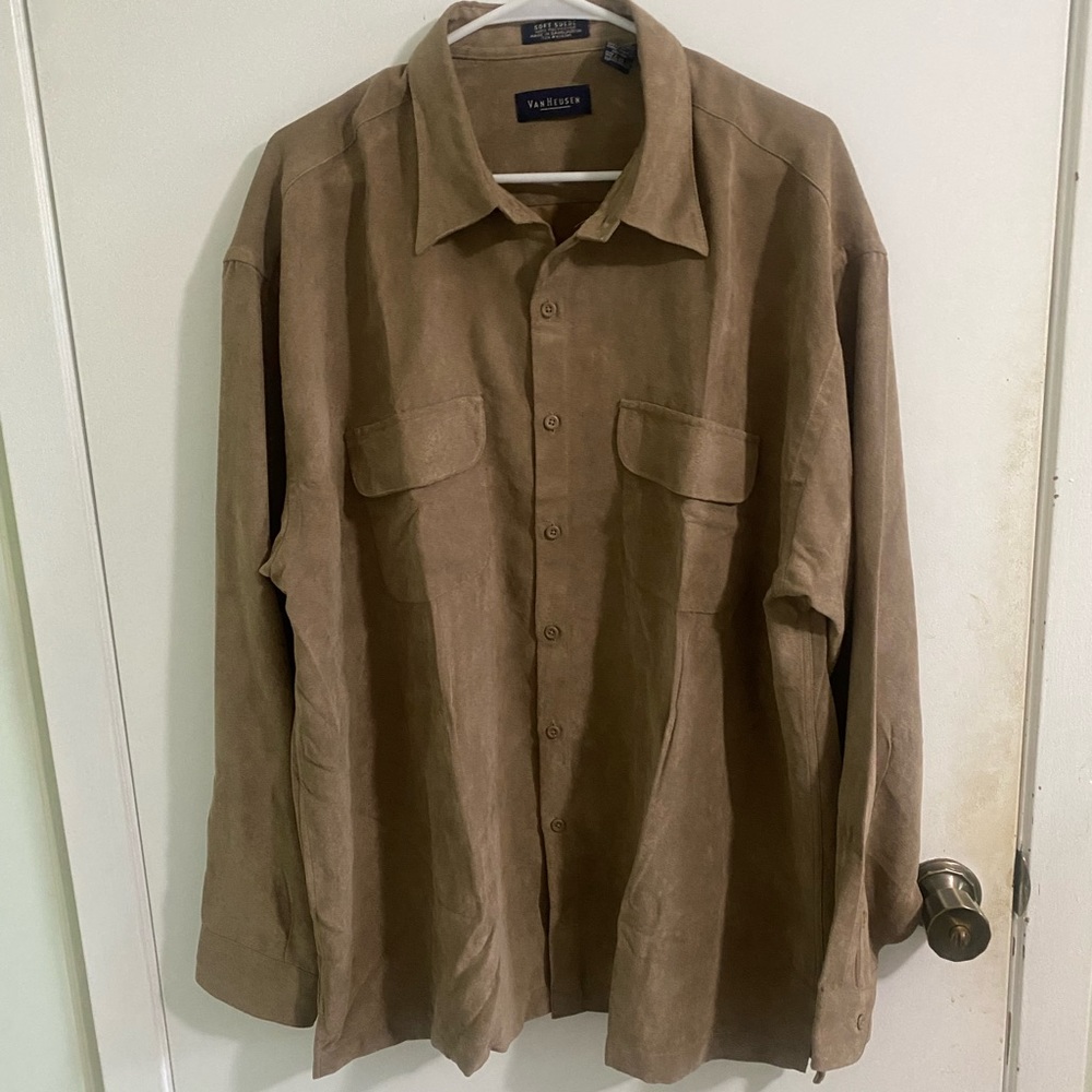 Van Heusen Brown Soft Suede Button down Oxford Dress Shirt Mens XL